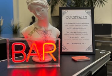 Cocktail menu and bar setup for all inclusive mobile bar hire service