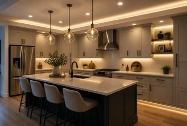 Modern kitchen with a large island, grey cabinets, and elegant globe pendant lighting.