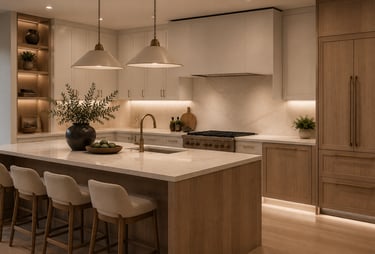 Modern luxury kitchen with wood cabinets, marble countertops, and island seating with pendant lights.