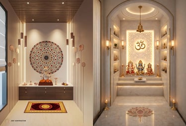 Modern puja room designs featuring elegant marble altars, divine Hindu idols, and ambient LED lighting.