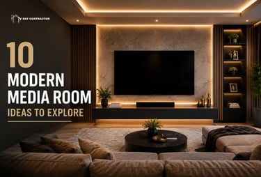 Modern media room featuring a large wall-mounted TV with warm LED backlighting and a sleek floating console.