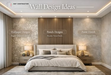 Modern bedroom interior showcasing wallpaper designs, wooden fluted panels, and textured paint finish wall decor.