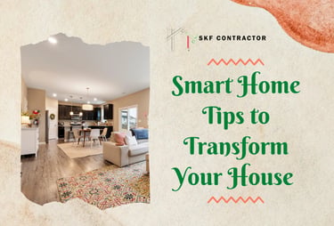 Modern open-concept living room and kitchen featuring smart home tips for house transformation by SKF Contractor.