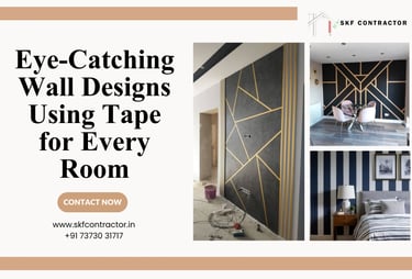 Creative wall design ideas featuring geometric gold tape patterns on dark accent walls for home interior decor.