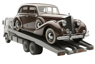 un véhicule de collection rare sur une dépanneuse blanche pour un transport automobile