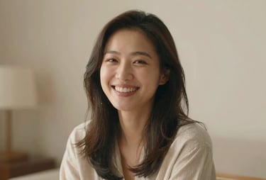 Cinematic portrait of a smiling woman in a warm sunlit room, authentic expression, soft focus, #FDF8F0 background.