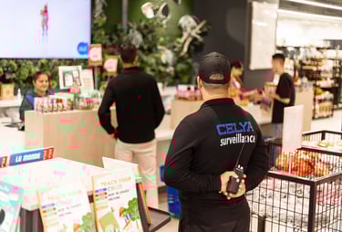 Agent de sécurité Celya Inter Pro surveillant l’entrée d’un mall à Casablanca.