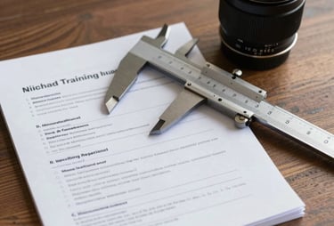 A serene photography shot of a technical training manual and a set of professional calipers on a wooden surface.