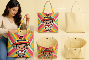 Un bolso tote reversible con un colorido diseño de dibujos animados mexicanos.