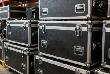 An organized equipment storage area in a North American warehouse, showing stacks of professional flight cases and audio equipment.