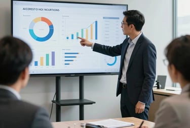 Photography of a professional meeting in a bright North American office. A person is pointing to a screen showing analytics data. Clean and professional.
