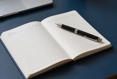 Minimalist shot of an office desk in Brazil with an open planner and a high-end pen, soft sunlight, deep charcoal blue and pearl white palette.
