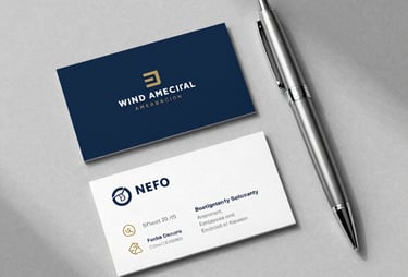 A flat lay of a professional business card and a high-end pen on a light grey textured background, with a soft shadow from a window. The style is clean, modern, and high-end North American professional.