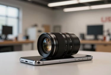 A high-end smartphone lying on a clean surface, with a blurred background showing a modern, creative workshop space in the US.
