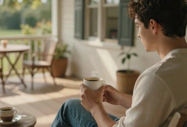 Cinematic lifestyle scene of a person sitting on a sun-drenched porch with a coffee, warm natural light, authentic and cozy atmosphere.