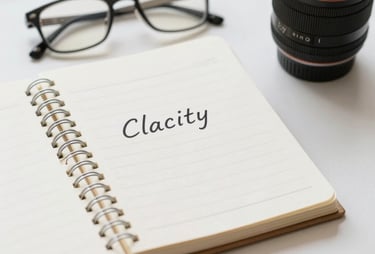 A professional notebook and a pair of glasses on a minimalist desk. The scene is bright and organized, conveying a message of clarity and problem-solving.