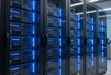 Abstract wide shot of a modern data center with glowing blue server racks, shot through a glass panel with subtle reflections.