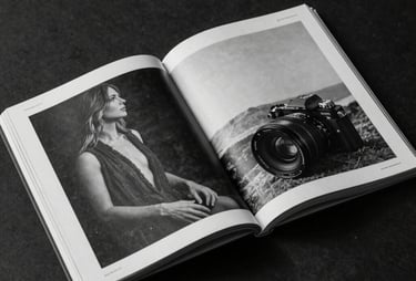 An open luxury magazine featuring minimalist layout design. High contrast black and white photography. North American / International editorial style.