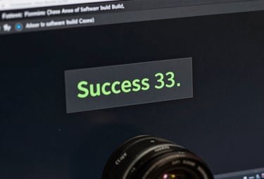 Close-up of a computer screen showing a terminal with a 'Success' message in green, representing the final stage of a software build.