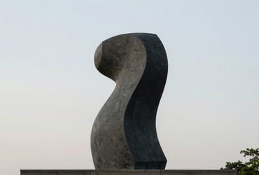 Minimalist outdoor photography of a dark grey sculpture in a public park in Brazil, set against a very pale grey sky. The composition focuses on the contrast between the object's form and the soft background.
