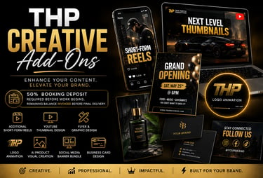 THP Creative Add-Ons services display featuring YouTube thumbnails, reels, and graphic design samples.