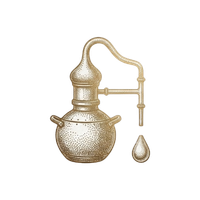 Vintage gold alembic copper still illustration for whiskey and spirit distillation on black background.