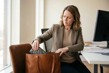 Woman at work discreetly managing an unpredictable period — the invisible reality of irregular periods during perimenopause
