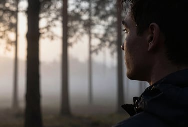 Close-up of a person's silhouette looking out at a foggy Baltic forest at dawn, symbolizing clarity after confusion.