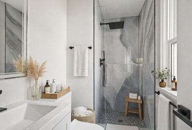Bright renovated bathroom in Northern VA with frameless glass shower, marble‑style tile, and brushed