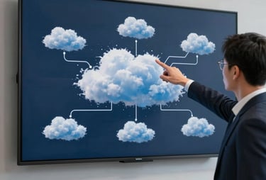 A photograph of a person in a sleek North American office suite, pointing at a wall-mounted digital screen showing a complex cloud architecture map in slate navy and sky blue.