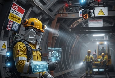 A miner uses a digital interface to control an inspection drone inside an underground industrial tunnel.