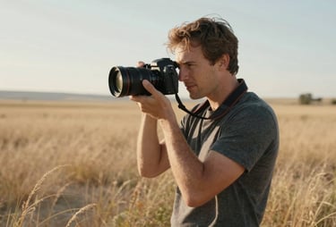 Cinematic portrait of a lifestyle photographer with a camera in a sun-drenched North American / US field. Soft sand colored grass, warm lighting.