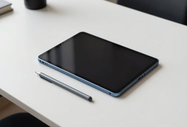 A high-angle photograph of a clean, modern desk in a North American / US home office. A steel blue tablet and a stylus lie on a cloud white surface, captured with soft natural light.