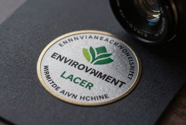 Close-up of a high-quality environmental certification stamp on a dark paper document, low-key lighting, professional and authoritative tone.