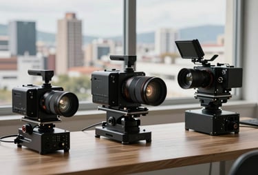 Professional desk with high-end tech equipment and a view of a professional Latin American cityscape through a clean window.