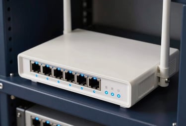 Clean, technical photography of a modern router and glowing blue network indicators in a professional office rack. Off-white and dark navy theme.