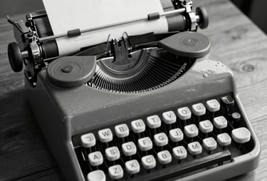 A black and white photograph of a classic typewriter on a wooden table, emphasizing the timeless nature of good writing.