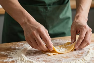 A close up of hands preparing a fresh pasta dish on a flour-dusted wood table. Warm natural light, Matte Forest Green apron, professional lifestyle style.