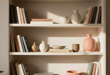 A sunny living area showcasing a minimalist bookshelf with carefully curated objects. Soft beige and salmon colors. South American &amp;#x2F; Brazilian setting.
