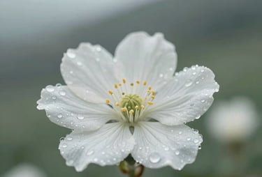 A close-up of a delicate white mountain flower with morning dew, North American / US mountain setting, soft off-white and sage green palette, modern minimalist style.