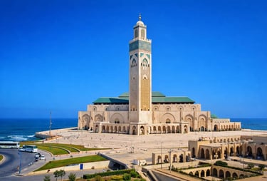 Hassan II Mosque in Casablanca, Morocco, famous for its towering minaret overlooking the Atlantic Ocean.