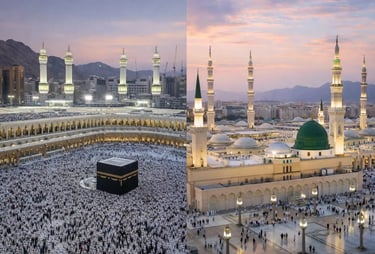 Masjid an-Nabawi in Medina and the Kaaba in Mecca, the two holiest mosques in Islam located in Saudi Arabia