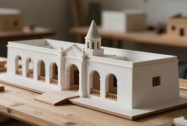 Professional photo of architectural scale models arranged in a row in a South American / Chilean studio with natural lighting.