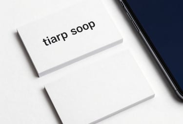 A minimalist overhead shot of high-end startup business cards and a sleek smartphone in a high-contrast white and dark blue setting.