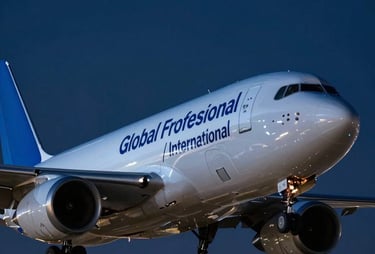 A low-angle shot of a cargo plane at night with professional blue lighting, emphasizing global reach and logistics expertise. Global Professional / International.