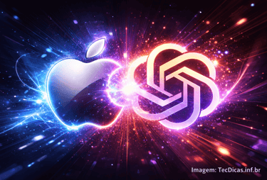 Ilustração digital mostrando o logo da Apple se fundindo ao símbolo da OpenAI em uma explosão de luz