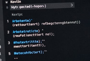 A close-up of a code editor window showing clean Kotlin code with syntax highlighting in light blue and white. The focus is sharp, suggesting reliability and precision.