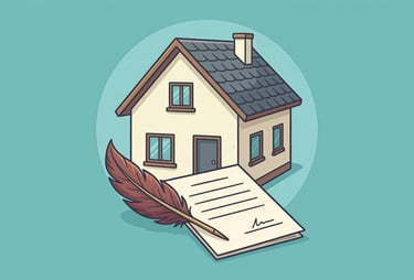 Ilustración de una casa con un contrato firmado y una pluma que representa documentos legales