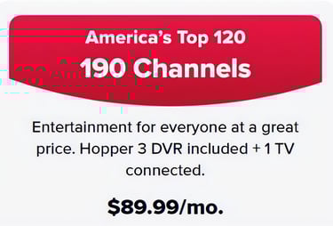 DISH America's Top 120 package with 190 channels and Hopper 3 DVR for $89.99 per month.