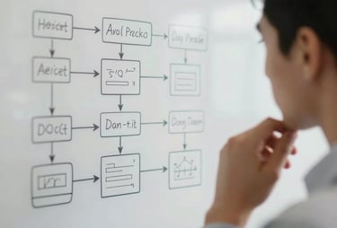 A close-up photograph of a person in a bright US office setting, thinking while looking at a whiteboard filled with app architecture diagrams. Soft Platinum tones.